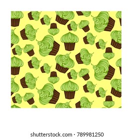 Seamless pattern of appetizing cupcakes with green cream and mint