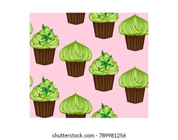 Seamless pattern of appetizing cupcakes with green cream and mint