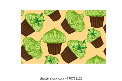 Seamless pattern of appetizing cupcakes with green cream and mint