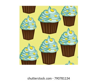 Seamless pattern of appetizing cupcakes with green cream and mint