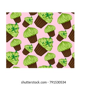 Seamless pattern of appetizing cupcakes with green cream and mint