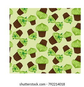 Seamless pattern of appetizing cupcakes with green cream and mint