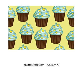 Seamless pattern of appetizing cupcakes with green cream and mint