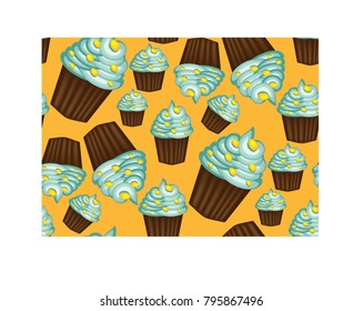 Seamless pattern of appetizing cupcakes with green cream and mint