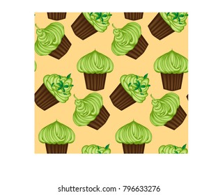 Seamless pattern of appetizing cupcakes with green cream and mint