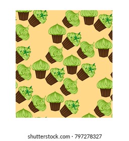 Seamless pattern of appetizing cupcakes with green cream and mint