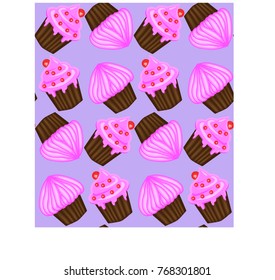 Seamless pattern of appetizing cupcakes with pink cream