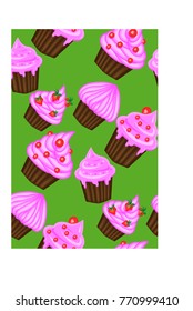 Seamless pattern of appetizing cupcakes with pink cream