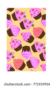 Seamless pattern of appetizing cupcakes with pink cream