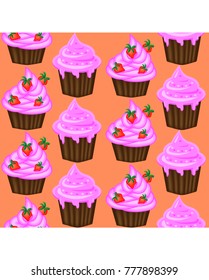 Seamless pattern of appetizing cupcakes with pink cream