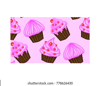 Seamless pattern of appetizing cupcakes with pink cream