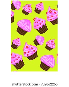 Seamless pattern of appetizing cupcakes with pink cream