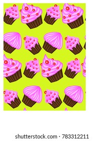 Seamless pattern of appetizing cupcakes with pink cream