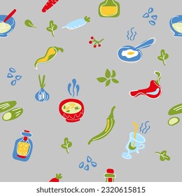 Seamless pattern appetizing food, soup, bowl, scrambled eggs, vegetables, drinks. Flat modern illustration for cafe menu, restaurants, banners, posters, fabric print. Tasty dish