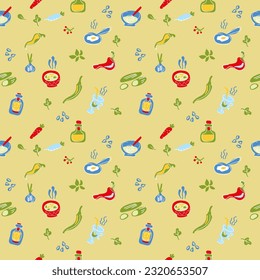 Seamless pattern appetizing food, soup, bowl, scrambled eggs, vegetables, drinks. Flat modern illustration for cafe menu, restaurants, banners, posters, fabric print. Tasty dish