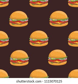 Seamless pattern with appetizing hamburgers on dark background. Tasty burgers or cheeseburgers, delicious street food meal. Realistic vector illustration for wallpaper, textile print, wrapping paper.