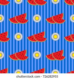 Seamless pattern of appetizing red watermelon slices and white flowers on a blue striped background