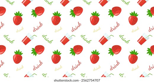 Seamless pattern with appetizing strawberries, juice glasses and the word “drink”, on a white background. Vector design 