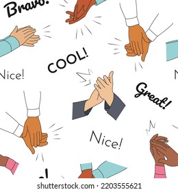 Seamless pattern with Applause, Handclaps. Lettering on a white background - Bravo, cool, great, nice. Concept of successfull Business and performance. Vector illustration. 