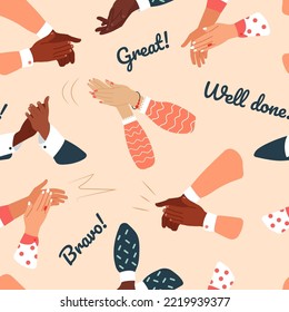 Seamless Pattern with Applause, Handclaps. Lettering on a endless Pattern - bravo, well done, great. Concept of successfull Business and performance. Vector illustration. 