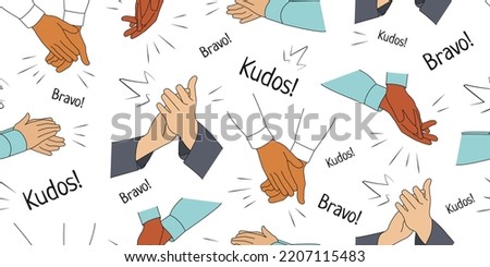 Seamless Pattern with Applause, Handclaps. Lettering on a white background - Bravo, kudos. Concept of successfull Business and performance. Vector illustration. 