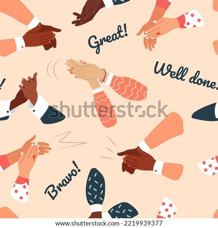 Seamless Pattern with Applause, Handclaps. Lettering on a endless Pattern - bravo, well done, great. Concept of successfull Business and performance. Vector illustration. 
