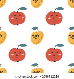 Seamless pattern with apple and apricot with faces on them on white background. For prints, backgrounds, wrapping paper, textile, linen, wallpaper, etc. 