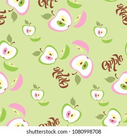 Seamless pattern. Apple background. Lettering. Fruit. Vector illustration.
