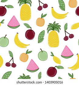 Seamless pattern with apple, banana, orange, cherry, pineapple, lemon and watermelon