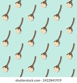 A seamless pattern of apple blossom budding on a blue background in a spring minimal floral concept, Vector