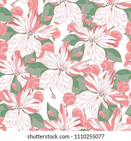 Seamless pattern with apple blossom and buds. Flowers pink. Green leaves. Wallpaper, fabric or design of gift paper. Vector illustration
