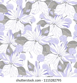 Seamless pattern with apple blossom and buds. Flowers lilac. Wallpaper, fabric or design of gift paper. Vector illustration
