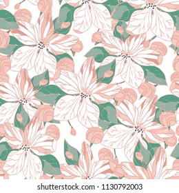 Seamless pattern with apple blossom and buds. Flowers pink. Green leaves. Wallpaper, fabric or design of gift paper. Vector illustration
