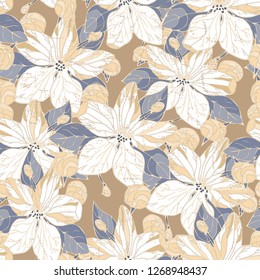 Seamless pattern with apple blossom and buds. Wallpaper, fabric or design of gift paper. Vector illustration.Print for bed linens, textiles, greeting cards, wrapping paper, gift box