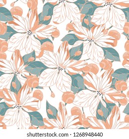 Seamless pattern with apple blossom and buds. Wallpaper, fabric or design of gift paper. Vector illustration.Print for bed linens, textiles, greeting cards, wrapping paper, gift box
