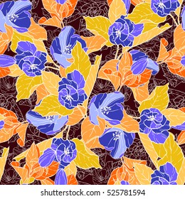 Seamless pattern with apple blossom. Round kaleidoscope of flowers and floral elements. Wreath. Design card.