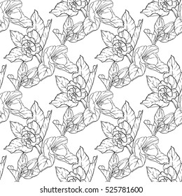 Seamless pattern with apple blossom. Round kaleidoscope of flowers and floral elements. Wreath. Design card.