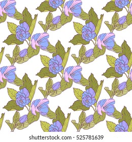 Seamless pattern with apple blossom. Round kaleidoscope of flowers and floral elements. Wreath. Design card.