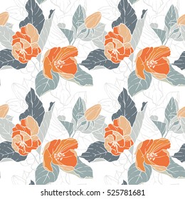 Seamless pattern with apple blossom. Round kaleidoscope of flowers and floral elements. Wreath. Design card.