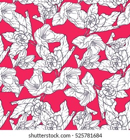 Seamless pattern with apple blossom. Round kaleidoscope of flowers and floral elements. Wreath. Design card.