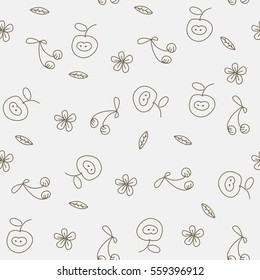Seamless pattern with apple, cherries, flowers, leaf. Doodle pattern for wallpaper fabric background.