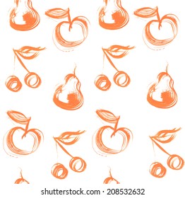 Seamless pattern from apple, cherry and pear by hand painted thick orange paint