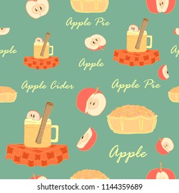 Seamless Pattern with Apple Cider, Apples and Apple Pie in Doodle Style. Seamless Background for Pub menu. EPS 8 Vector Illustration. Perfect for Web and Print Design.