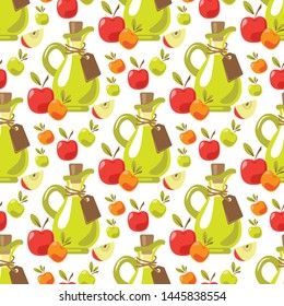 Seamless pattern with apple cider vinegar and fruits. Design element for fabric, wallpaper or wrapping paper. Harvest symbol.