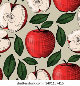 Seamless pattern with apple in engraving vintage style. 
Can be used for label, banner, fabric, tablecloth, gift wrap or other
