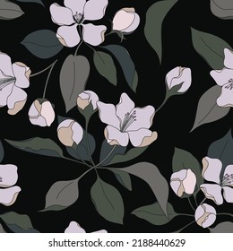 Seamless pattern with apple flowers in black and white. Elegant botanical background, floral print with white flowers, dark leaves on a black surface. Vector illustration.