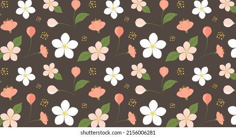 Seamless pattern with apple flowers and leaves on a dark background