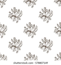 seamless pattern of apple flowers with leaves. Vector nature botanical illustration.