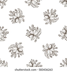 seamless pattern of apple flowers with leaves. Vector nature botanical illustration.