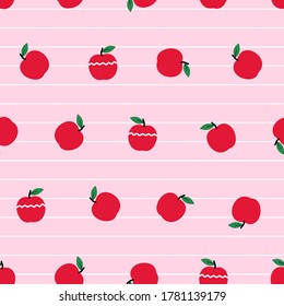 Seamless pattern of apple fruit with green leaves on pink background vector illustration.